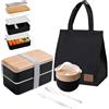 Aiuuee Porta Pranzo Kit, 1400 ml Lunch Box con Borsa Termica e Tazza e Posate, Portapranzo Ermetico per Microonde e Lavastoviglie,Schiscetta Pranzo Adulti,Bento Box per Lavoro Picnic Ufficio (Nero)