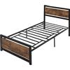 HOMCOM Struttura Letto Singolo in Legno e Acciaio 97x 208x103cm, Doghe Integrate, Testiera e Pediera in Stile Industriale, Nero e Marrone Rustico