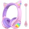 Riwbox CF9 - Cuffie Bluetooth per bambini, con orecchie di gatto, con luce LED, microfono ad asta e microfono integrato per chiamate, volume limitato di 85 dB, cuffie wireless e cablate per la scuola,