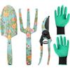 JNUYISW Set di Attrezzi da Giardino, 4 Pezzi Attrezzi da Giardinaggio con Stampa Floreale Incluso Cesoie da Giardino, Rastrello, Pala, Guanti Regalo per il Giardino per Donne, Amanti del Giardino