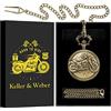 Keller & Weber Orologi da tasca da uomo vintage da moto, orologio da tasca con catena, regalo per uomo, papà, San Valentino, regalo di compleanno, collana da donna