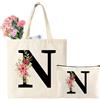 Tarklanda Personalizzata Iniziali Borsa Tote in Tela, Cotone Shopper Borsa con Lettere e Fiori, Regali per Donna, Amica, Mamma, Regalo per Compleanno, Matrimonio, Festa della mamma(N)