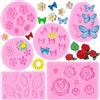 RFGHAC Set di 6 stampi in silicone a forma di fiore per fondente, caramelle, rose, farfalle, crisantemi, margherite, foglie di rosa, fiocchi, per decorare torte, pasta di gomma, cioccolato, pasta