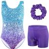 XiaoMoSha Set di body da ginnastica da bambina, 3 pezzi, senza maniche, con pantaloncini e fascia per capelli, colore sfumato scintillante, per danza classica, ginnastica, per bambini dai 3 ai 12 anni