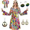 ELFIN Abito hippie da donna, 60 anni '70, costume hippie da donna, stile retrò, hippie, accessori con occhiali, fascia per capelli, collana, orecchini, abbigliamento da discoteca, abbigliamento da