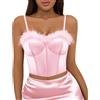 Segreto Corsetto da donna Fuzzy con piume, lucido, in pelliccia sintetica, senza maniche, con spalline sottili, corpetto, Piuma rosa, M