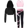 inlzdz Completo Sportivo Bambina 3 Pezzi Felpa Corta con Cappuccio + Reggiseno Sportivo + Leggings a Vita Alta Pantaloni Tute da Ginnastica Fitness Palestra Yoga Rosa 11-12 Anni