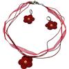Lunix Set Parure Fiore Ricamato e Collana Nastro Organza e Cordoncino Cerato, Idea Originale per Regalo, Primavera, Fatto a Mano, Gioielli Donna Ragazza Bambina (Rosso)