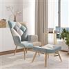 DEGHI Poltrona scandinava in tessuto patchwork multicolor celeste con poggiapiedi - Copenaghen