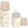 Suavinex, Confezione Biberon in Vetro, Biberon Anti-Coliche Tettarella simmetrica in Silicone SX Pro, Biberon Flusso Lento 120 ml (S) + Biberon Flusso Medio 240 ml (M), +0 Mesi, Wonder Rosa