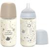 Suavinex, Confezione Biberon in Vetro da 240 ml. SX Pro Biberon simmetrica in silicone, Anti-colica, Biberon a flusso medio (M), Per bambini +3 mesi, Wonder Azzurro Beige