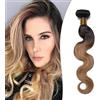 SEGO Extension Capelli Veri Tessitura Virgin Human Hair Brasiliani Ricci Mossi Matassa Shatush 100g 45cm #1BT27 Nero Naturale/Biondo Scuro