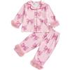 MAHUAOYIXI Pigiama in raso per bambine con orlo in piuma, maniche lunghe, stampa con fiocco, risvolto, felpa con bottoni e pantaloni elastici, set da 2 pezzi per bambini, rosa chiaro, 6-7 Years