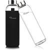 Ryaco Bottiglia d'Acqua, 1000ml Borraccia Vetro Trasparente Portatile con Guaina Protettiva in Neoprene per Il Campeggio Viaggi tè Ufficio (1000ml, Nero)