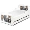 Leomark Letto per bambini in legno, cassetto e materasso, rete a doghe, mobili per bambino, magnifiche stampe, dimensioni del materasso 140 x 70 cm, colore bianco con motivo: GATTI, stile scandinavio