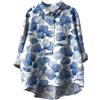 Generic Camicia da donna in cotone e lino 2024 con collo a risvolto a maniche lunghe con stampa a fiori camicia estiva casual allentata, Blu, XXL