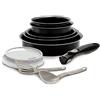 Backen Battrinox Easycook, Batteria salvaspazio 10 pezzi (3 padelle 20/22/26 cm , 2 casseruole 16/18 cm, 1 manico amovibile, 2 coperchi ermetici e 2 utensili)