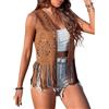 LYSINK Gilet da donna in finta pelle scamosciata con frange casual aperto davanti senza maniche con nappe giacca hippie, B-a-Marrone, XL