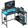 HOMCOM Scrivania Angolare con Luci LED, Prese di Corrente e Prese USB, Scrivania da Gaming e Ufficio Reversibile con Ripiani e Supporto Monitor, Nero