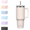 WATERSY 891ml Tazza Termica con Manico, 30oz Tazza Mug Beige in Acciaio Inox, Thermos da Caffè con Cannuccia, Doppia Parete per Caldo 6 Ore/Freddo 12 Ore, per Palestra, Auto e Viaggio