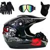 UIGJIOG Casco Motocross Uomo ,Tema Di Disegno Di Stampa in Nero Casco Cross Bambino with Occhiali Guanti Maschera Antivento Include 4 Misure Di Rivestimento Del Casco Certificazione DOT,Nero