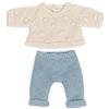 Miniland Dolls: set di vestiti a maglia, realizzato con materiali riciclati, per bambolina bambino da 21 cm. Modello: Jersey con pois bianchi e pantaloni blu.