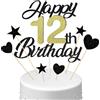 Conruich Decorazione per Torta di Compleanno 12 anni Ragazzo Ragazza, Cake Topper Happy 12th Birthday Oro Nero, Torta Stella Cuore Nero per Decorazione Festa 12 anni Compleanno Ragazza Ragazzo