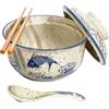 Ceraozmus Set di ciotole per ramen in ceramica da 800 ml con coperchio, cucchiaio e bacchette, ciotole per zuppa grandi vintage giapponesi, ciotola per noodle istantanei, stoviglie asiatiche (Pesce*1)