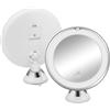 Navaris Specchio da Trucco Ingranditore - 10x con Luce LED e Ventosa da Parete - Specchietto Ingrandimento per Make Up da Bagno - Funzionamento con Batterie da Viaggio - Bianco