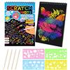 MELLIEX Scratch Art Notes per Bambini, Set di 2 Blocco da Disegno Arcobaleno Scratch Paper con 4 Penne Stilografiche in Legno e 4 Righelli da Disegno per Disegni, Giochi e Scrittura