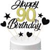 Conruich Decorazione per Torta di Compleanno 90 anni Uomo Donna, Cake Topper Happy 90th Birthday Oro Nero, Torta Torta Stella Cuore Nero per Decorazione Festa 90 anni Compleanno Donna Uomo