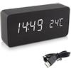 kwmobile Sveglia Orologio Digitale in Legno - Display LED Bianco attivazione Touch Sonora Temperatura Calendario Risparmio energ. USB Batteria Nero