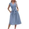 Generic Abiti estivi semplici alla moda a trapezio, elegante abito midi con fiocco in vita, abiti eleganti da donna a maniche corte con scollo a V, A06 # Azzurro, XL