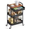 KINGRACK Carrello a 3 Livelli con Piano, Carrello Multifunzionale in Metallo per Cucina, Casa, Ufficio, Bagno, Nero
