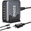 QUTIASE 220W Caricatore USB C Multiplo, GaN III Caricabatterie USB C Rapido 6 Porte, Stazione di Ricarica Multipla, Alimentatore PPS PD QC per iPhone, Samsung, iPad, MacBook Pro, Dell con 1,5m 100W Cavo USBC
