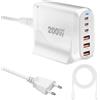 QUTIASE 200W Caricatore USB C Multiplo, GaN III Caricabatterie USB C Rapido 6 Porte, Stazione di Ricarica Multipla, Alimentatore PD+QC per iPhone, Samsung, iPad, MacBook Pro, Dell - Bianco con 100W Cavo USBC