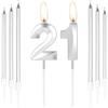 mciskin Candele per 21 compleanno in argento, 3D, numero 21, per torta, con set di 6 candele lunghe/sottili, topper per torta in argento per ragazze e ragazzi, decorazioni per 21° compleanno