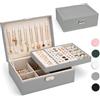 Yarmiene Portagioie Donna,Porta Gioielli da Viaggio con 2 Strati di Portagioie da Viaggio in Pelle PU,Scatole Portagioie Portatile Organizzatore per Riporre Orecchini,Anelli,Collane,Grigio