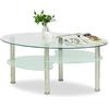 Willonin Tavolino da salotto in vetro ovale con gambe cromate, con 2 ripiani, tavolino in vetro di sicurezza, tavolino da salotto, tavolino da caffè, 90 x 50 x 43 cm (bianco trasparente), MZ0404-03