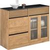 SoBuy Credenza cucina Mobile Cucina con 2 ante in vetro e 3 cassetti Mobile da soggiorno Buffet Naturale 112x40x89 cm FSB99-N