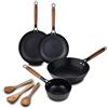 MasterPro ODIN - Kit di cottura: 3 utensili - Padella da 28 cm - Wok da 24 cm - Padella da 24 cm - Casseruola da 16 cm - Rivestimento ceramico antiaderente - Manici in acacia