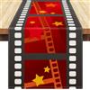 Inhobbok Runner da Tavolo per Serate Cinematografiche con Striscia Di Pellicola, Tovaglia In Lino Rosso con Decorazione a Stella Dorata, Bordo Nero con Griglia Bianca per Feste a Tema Cinematografico 33x183