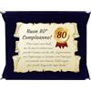 Generico Targa 80° Compleanno | Elegante Regalo Ottantesimo Compleanno | Cofanetto con Pergamena per Ottantenne | Biglietto Auguri | Birthday Plate (blu, 80 Anni)