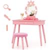 COSTWAY Set Toeletta Trucco per Bambina con Sgabello, Specchiera Trucco Staccabile con Luci LED a 3 Colori, Postazione Trucco Giocattolo con Cassetto e Accessori, per Bambine di 3-7 Anni (Rosa)