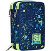SJ Gang Astuccio Scuola 3 Zip, Blu, Fluo Snow, Portapenne Triplo Scomparto Completo Di Penne, Matite, Colori, Accessori Zaino, Elementari, Medie, Bambino