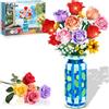 CUBIMANA Set di costruzione di fiori di rosa con vaso e luce LED, 16 mini giocattoli da costruzione di bouquet di fiori, regalo per adulti e bambini, fiori artificiali per la decorazione della casa
