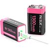 PAISUE Batterie ricaricabili da 9 V, 1300 mAh ad alta capacità agli ioni di litio a lunga durata, multimetro, microfono radio con cavo di ricarica rapida USB-C (confezione da 2)