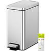 EKO Pattumiera Stella Slim da 10 litri, a pedale, in acciaio inox, resistente alle impronte digitali, con fodera interna rimovibile (argento)