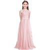 RUNQHUI Vestito da bambina da sposa lungo in chiffon con pizzo da damigella d'onore, abito da sera per compleanno, cerimonia 5-16 anni, Rosa Perla, 13-14 Anni