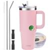 SUNTQ Bicchiere da 890 ml con manico, borraccia termica a doppia parete con cannuccia e coperchio, in acciaio inox, riutilizzabile, per bevande, adatta al portabicchieri (rosa)